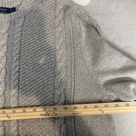 Nautica Mens Cable Knit Sweater Sz L Gray Crew Fisherman Sailing Preppy Casual - Picture 8 of 9